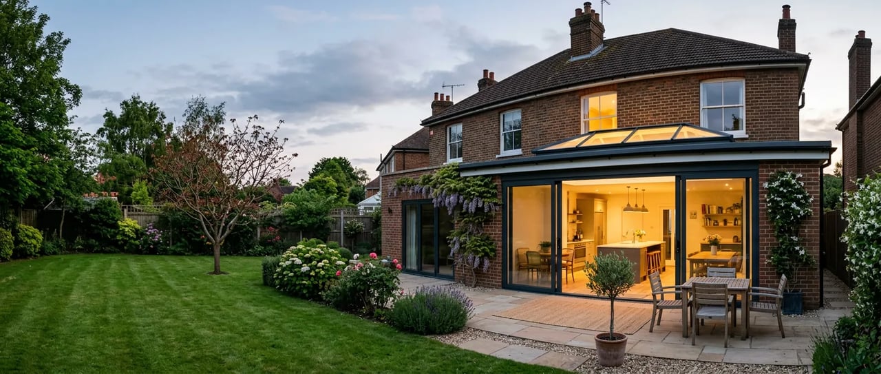 A new kitchen extension with glass doors onto the garden
