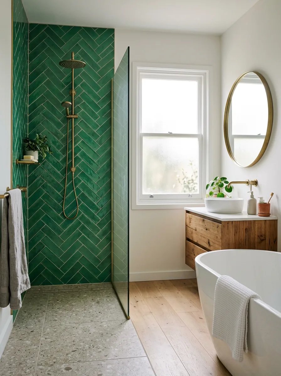 A bathroom with a walk-in shower