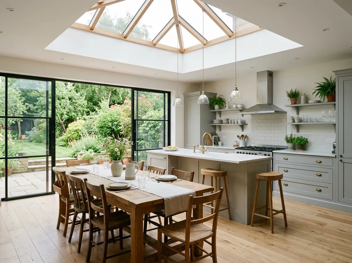 Inside a kitchen extension, under a roof lantern