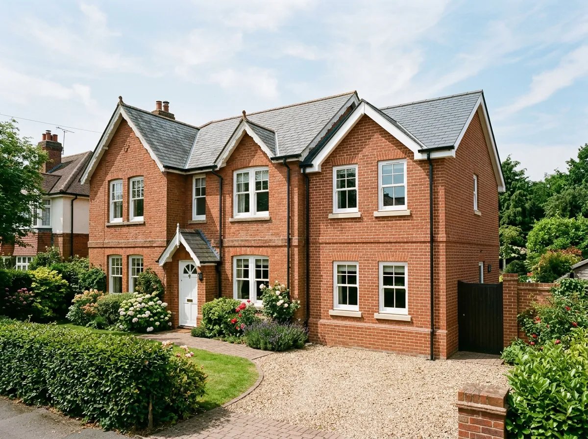A finished two-storey side extension on a brick house