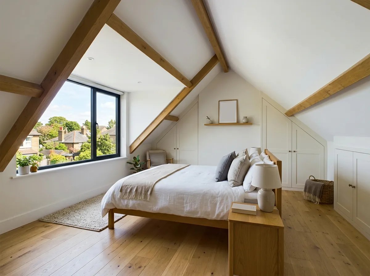 A loft bedroom with a dormer window